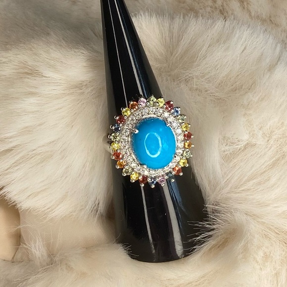 Premium Sleeping Beauty Turquoise and Multi Gemstone Double Halo Ring-Size 6 - Picture 4 of 7
